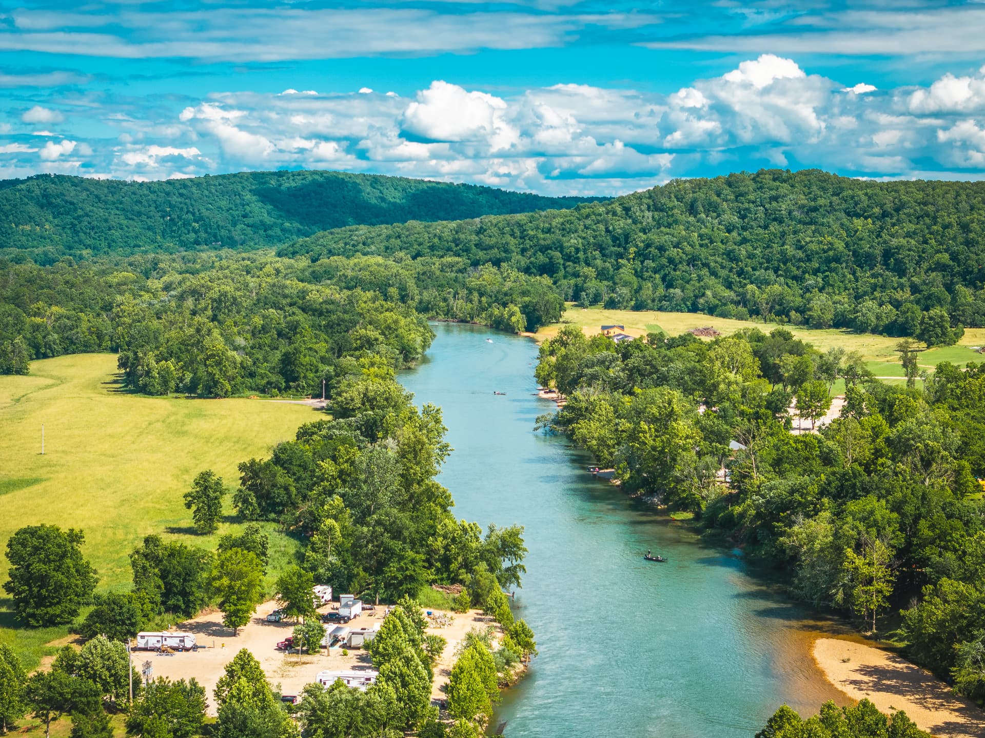 Aerial view of the Current River winding through the Ozarks near Van Buren